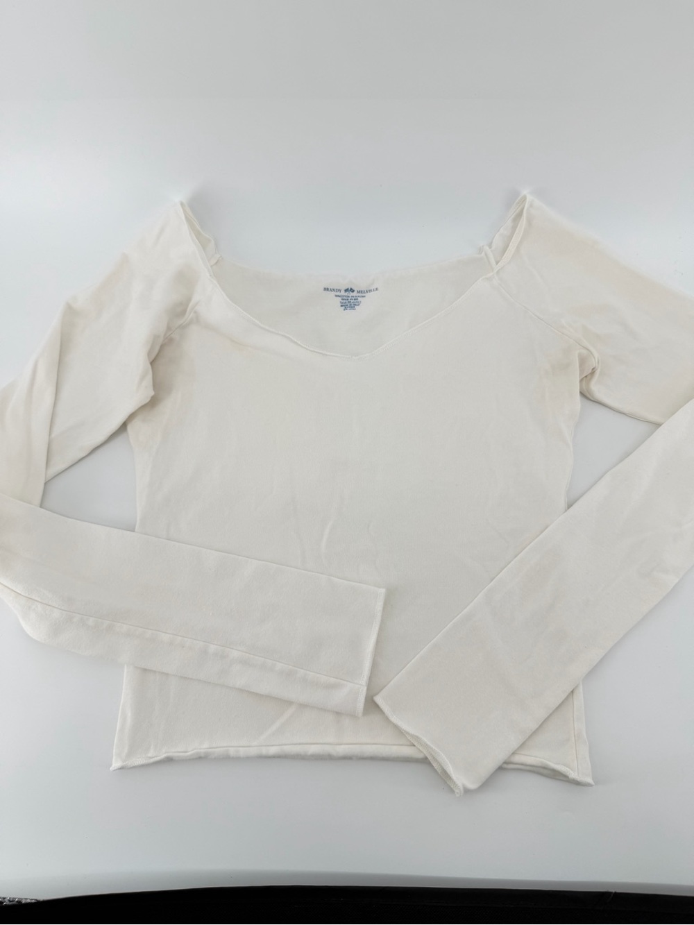 Brandy Melville White Long Sleeve Scoop Neck Top Raw Hem Basic Coquette OS
